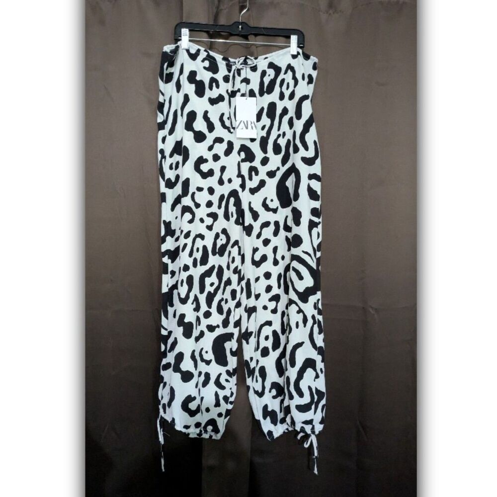 Zara Black and White Animal Cow Print Trousers High Rise Joggers Size M